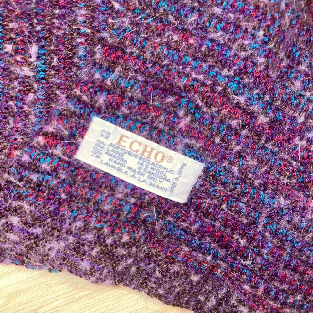 Echo Vintage Multicolor Scarf Wool Angora Blend Made in Japan Purple Blue Y2K